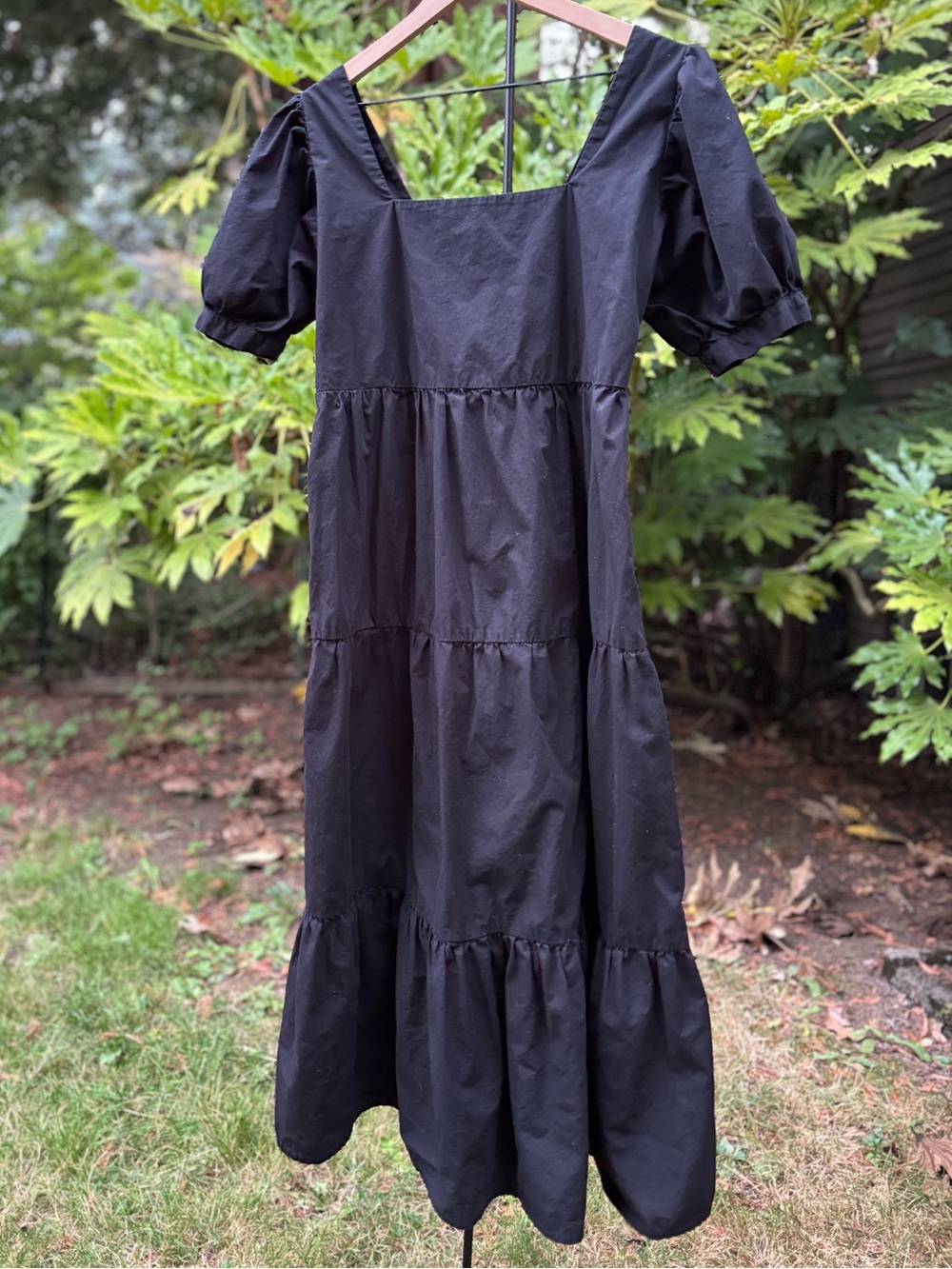 Faithfull the Brand Black Puff-Sleeve Tiered Midi Dress | 100% Cotton